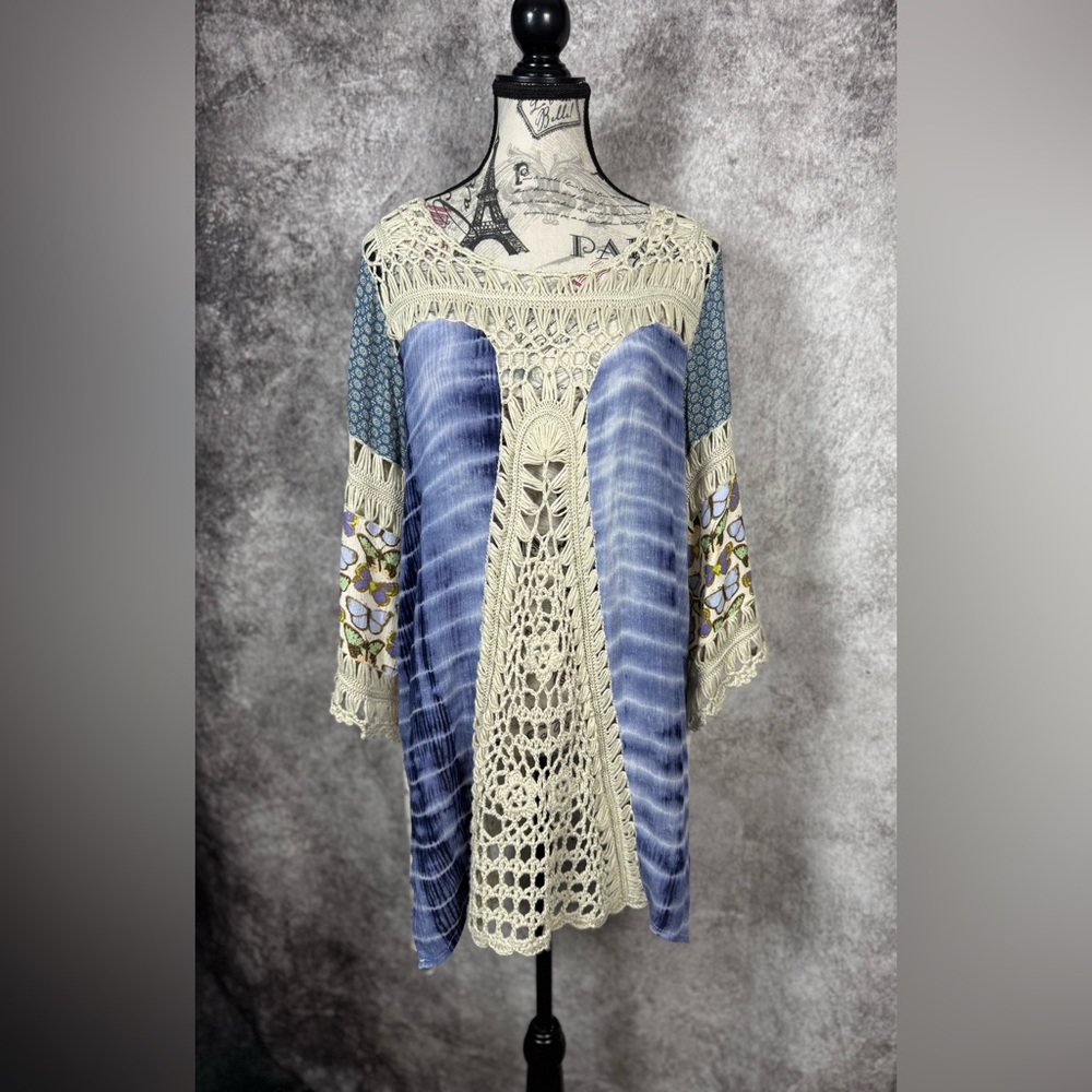 John Mark Blue and Cream Crochet Boho Chic Tunic size M